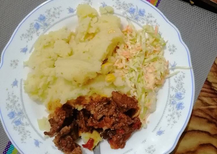 Mashed potato, beef fry and coleslaw