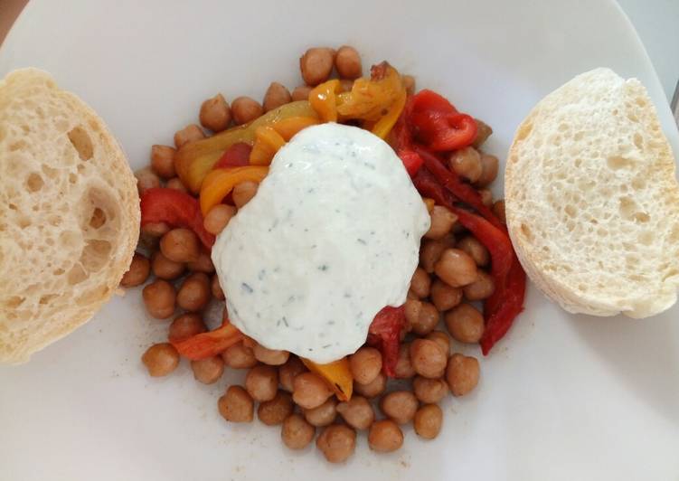 Grilled peppers and roasted chickpeas with tzatziki sauce
