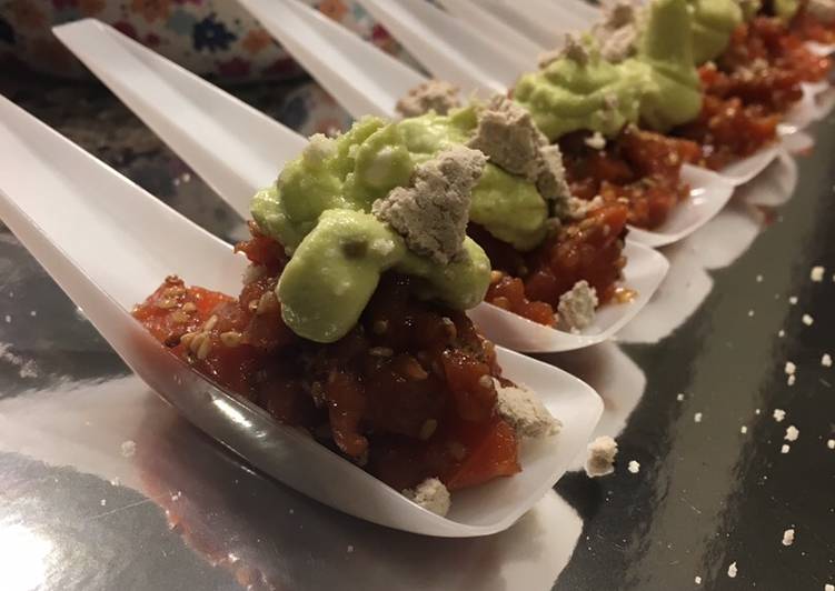 King Salmon Asian Tartare with avocado cream and olive oil powder