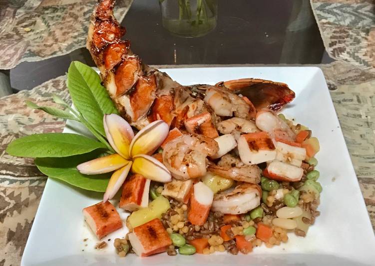 Grilled seafood with a tropical blend of high protein veggies