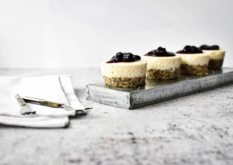 Mini No Bake Cheesecakes with Seeded Base and Blueberry Compote Topping