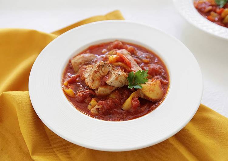 Fresh Grouper Stew with Chunks of Potatoes and Sweet Peppers