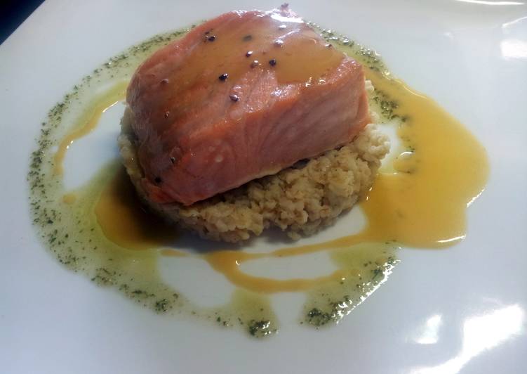 Steamed salmon, orange juice reduction, simple herbs sauce.