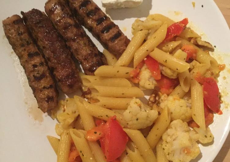 Hungry late lunch... Kebabs with penne pasta