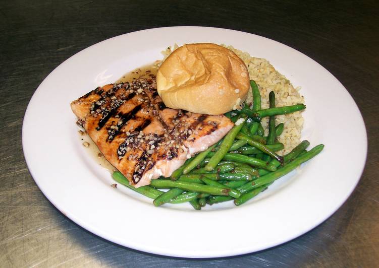 Maple Syrup, Pecan Glazed Grilled Salmon with Wild Rice and Green Beans.