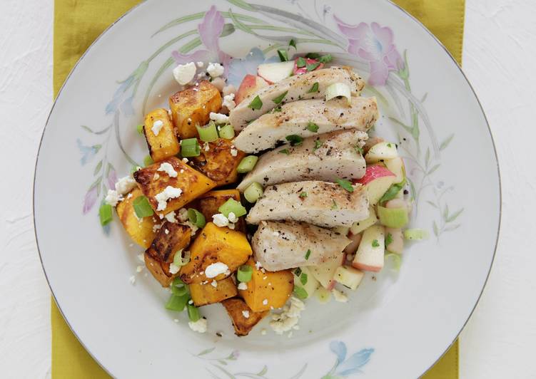 Chicken Breast with White Bean and Apple Salsa and Sautéed Butternut Squash and Feta
