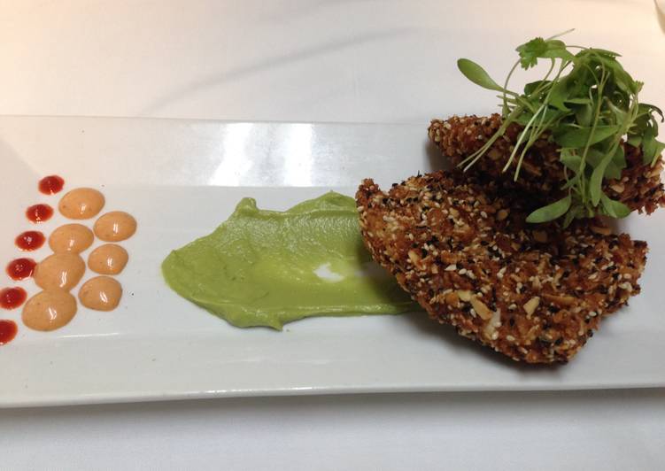 crunchy spicy grouper with avocado puree and chipotle aioli
