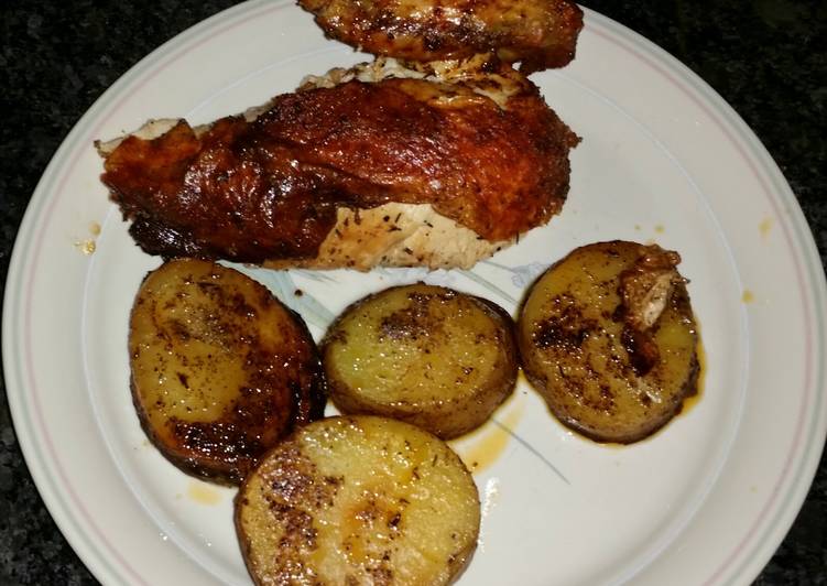 One Skillet Roast Chicken and Pier Potatoes