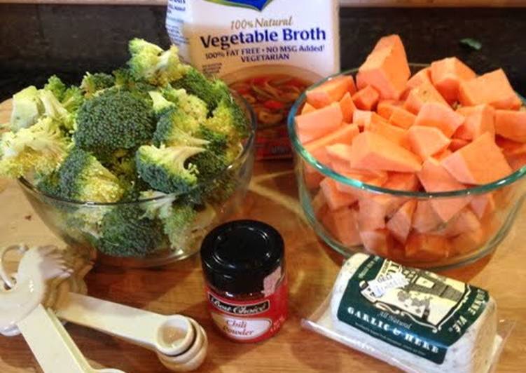 Broccoli, Sweet Potato, & Goat Cheese Soup