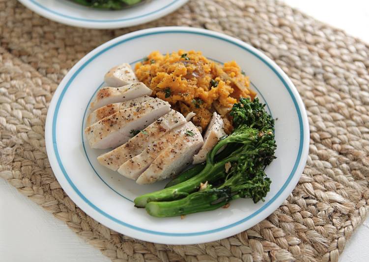 Chicken Breasts, Sorghum Sweet Potatoes, and Young Broccoli with Chipotle Orange Salt