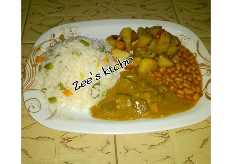 Basmati rice,baked potato, chicken curry soup wit baked beans