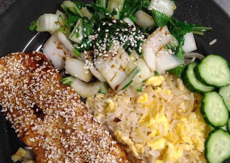 Sesame salmon with egg fried rice and paksoy