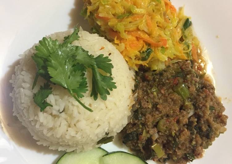 Celery and minced meat stir fry served with rice