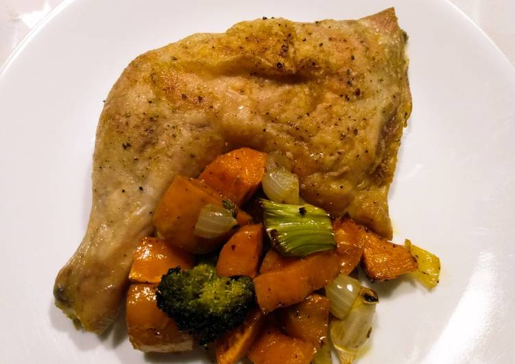 Super-moist roast chicken with yams and broccoli