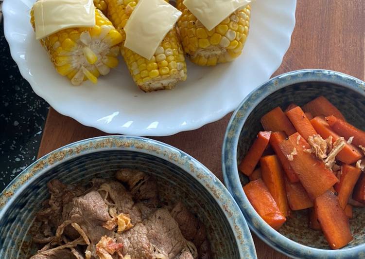 Super Lunch: grilled corn, carrot and beef