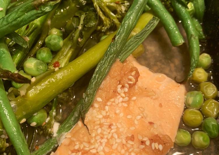 Salmon and Miso broth with green veg - a super easy weekday dinner